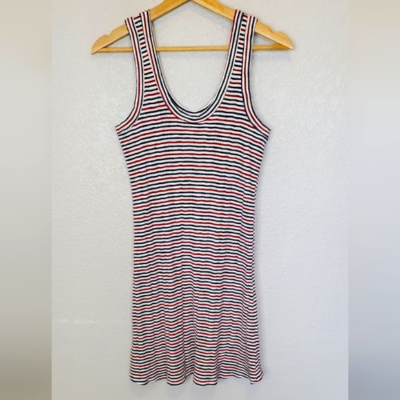 💚5/$25 AEO Ribbed Stripe SleevelessTank Dress Size XS Navy White Red Stretch - Picture 6 of 8